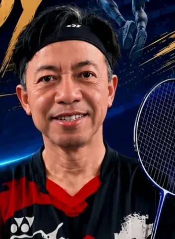 Coach Freddy memegang raket